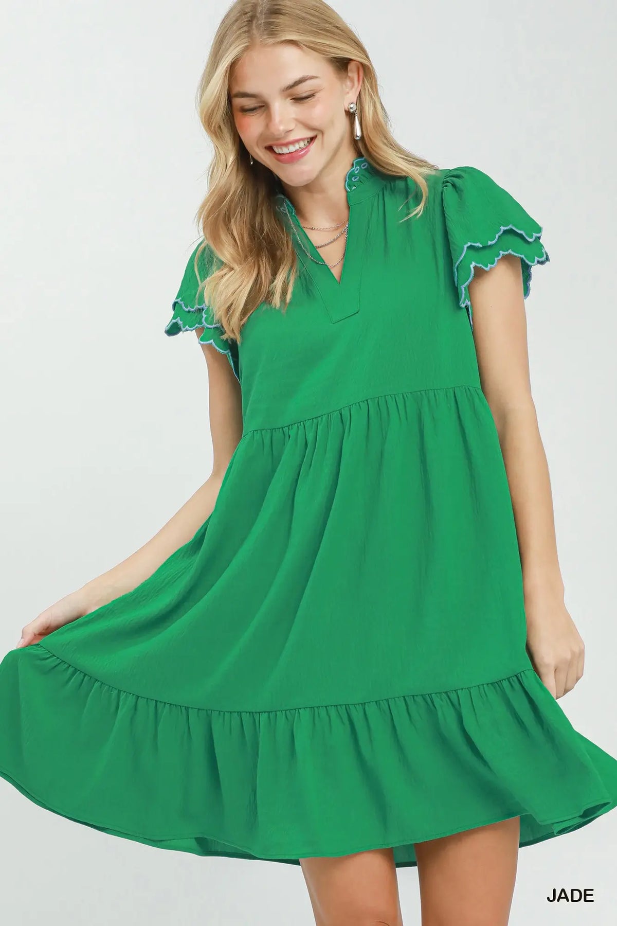Scallop Flutter Sleeve Tiered Mini Dress