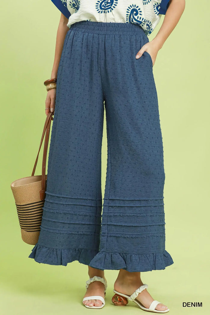 Textured Wide Leg Pants with Ruffle Hem
