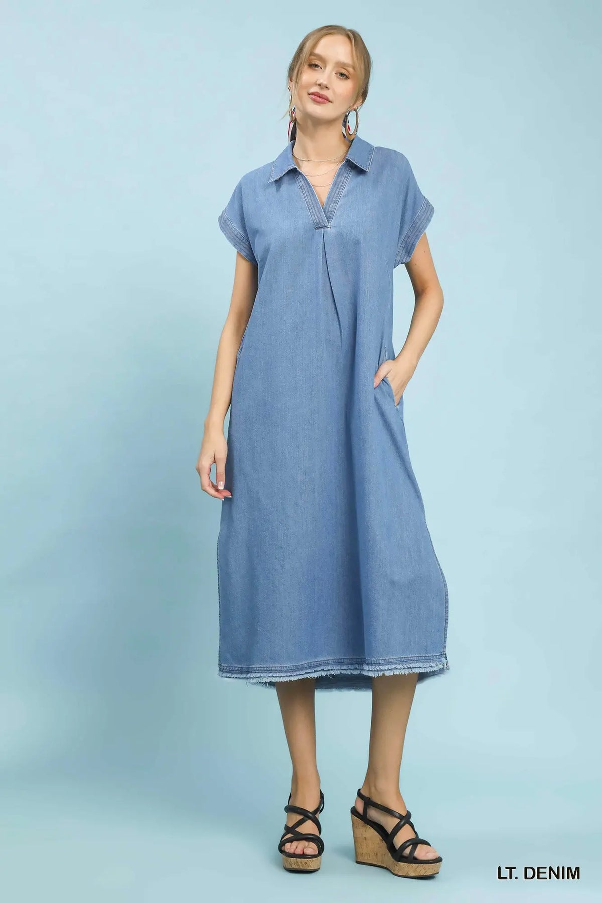 Stone Washed Collared Denim Midi Dress