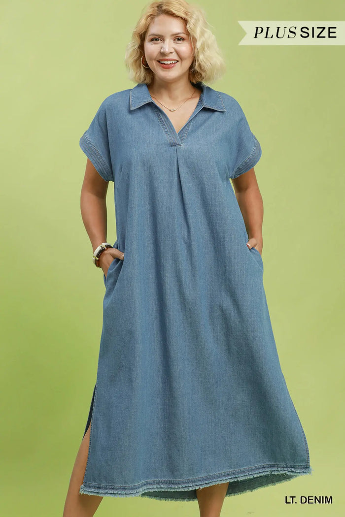 Stone Washed Collared Denim Midi Dress