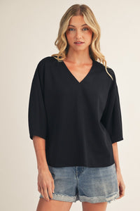 Drop shoulder 3/4 sleeves solid v neck top