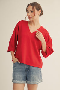 Drop shoulder 3/4 sleeves solid v neck top