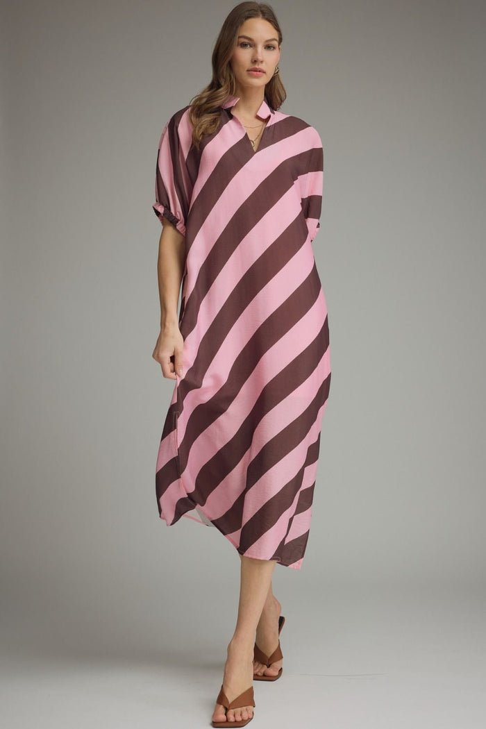 Solid diagonal stripe short dolman sleeve midi dress