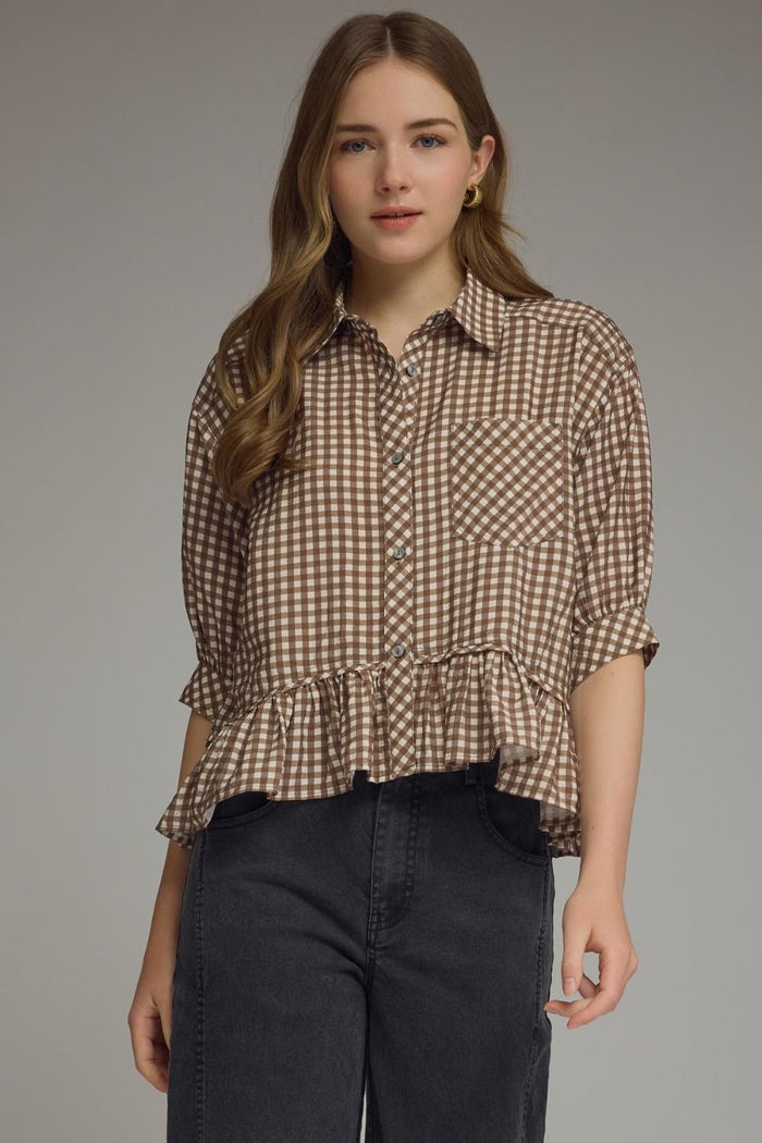 Gingham collared elbow sleeve top featuring peplum hem