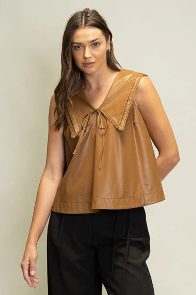 Faux Leather PinTuck and Lace Collar Top