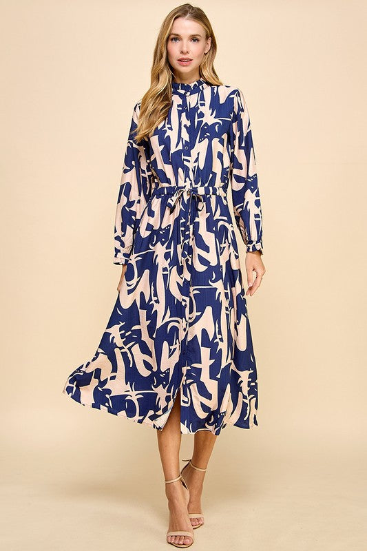 Abstract Print Button Down Midi Dress