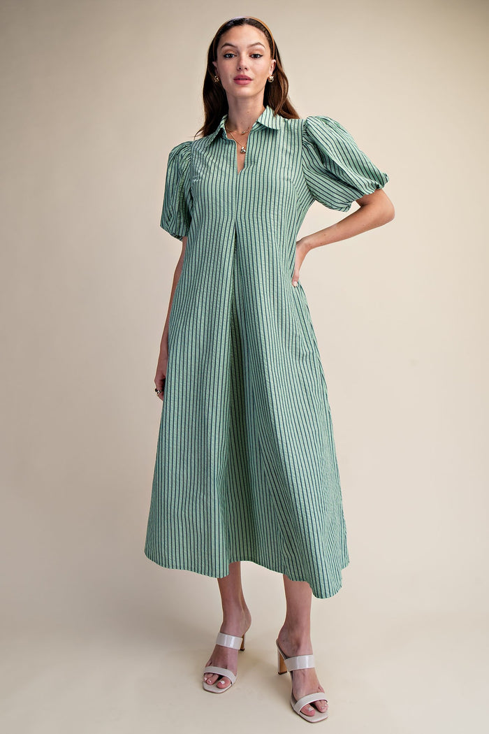 Collar V-neck Puff Sleeve Stripe Pleated Midi Dress