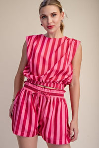 Stripe Top With Padded Shoulder And Elastic Waist