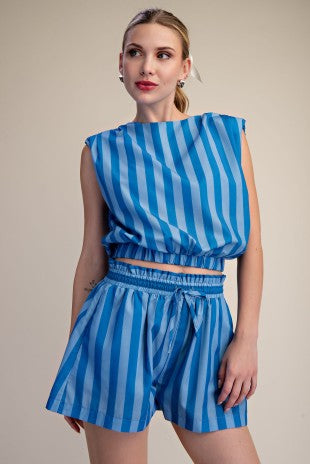 Stripe Top With Padded Shoulder And Elastic Waist
