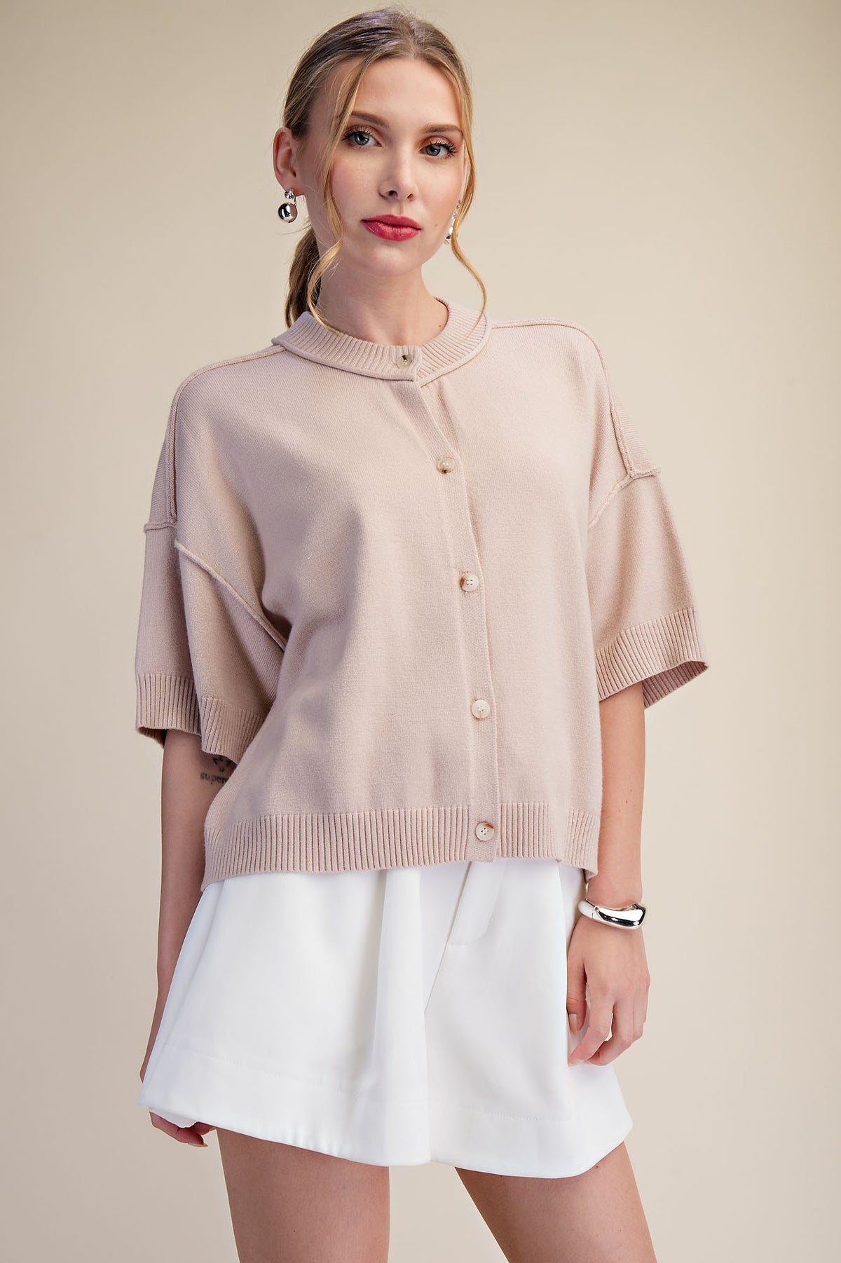 Everyday Cardigan Sweater Crew-Neck Elbow-Length Sleeves