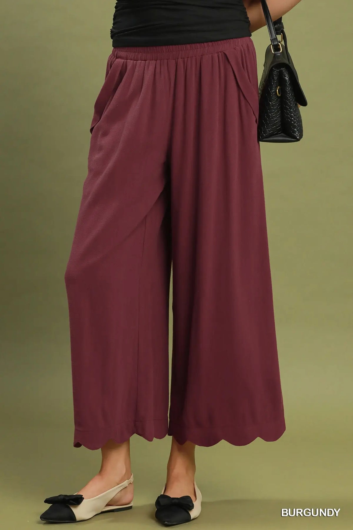 Linen Blend Scallop Hem Wide Leg Pants