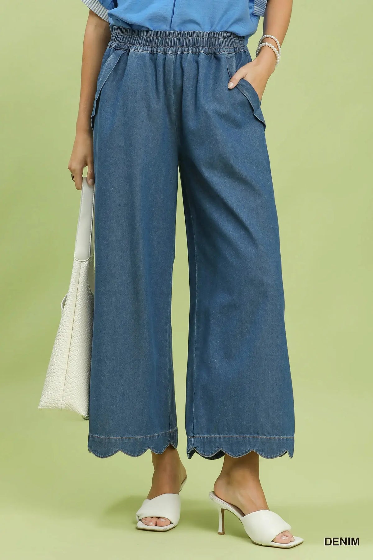Chambray Scalloped Hem Pants