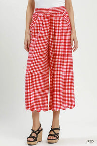 Gingham Wide Leg Scallop Hem Crop Pants