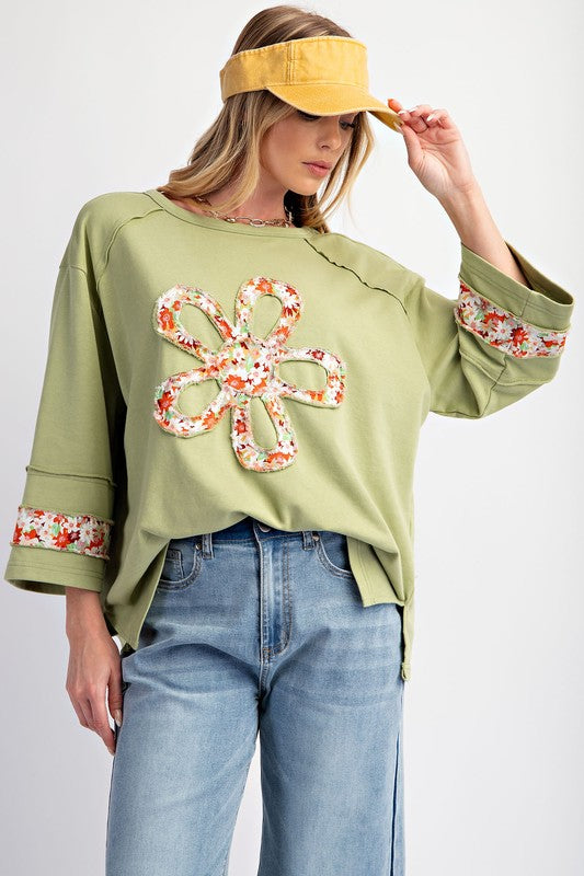 FLOWER PATCH FRONT TERRY KNIT TOP