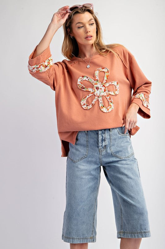 PLUS FLOWER PATCH FRONT TERRY KNIT TOP