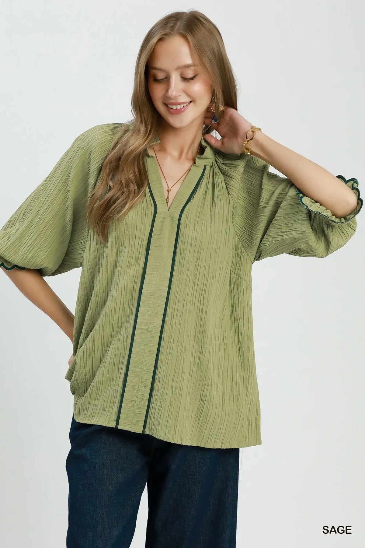 Textured Contrast Trim Puff Sleeve Blouse