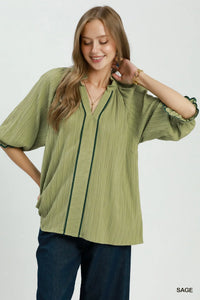 Textured Contrast Trim Puff Sleeve Blouse