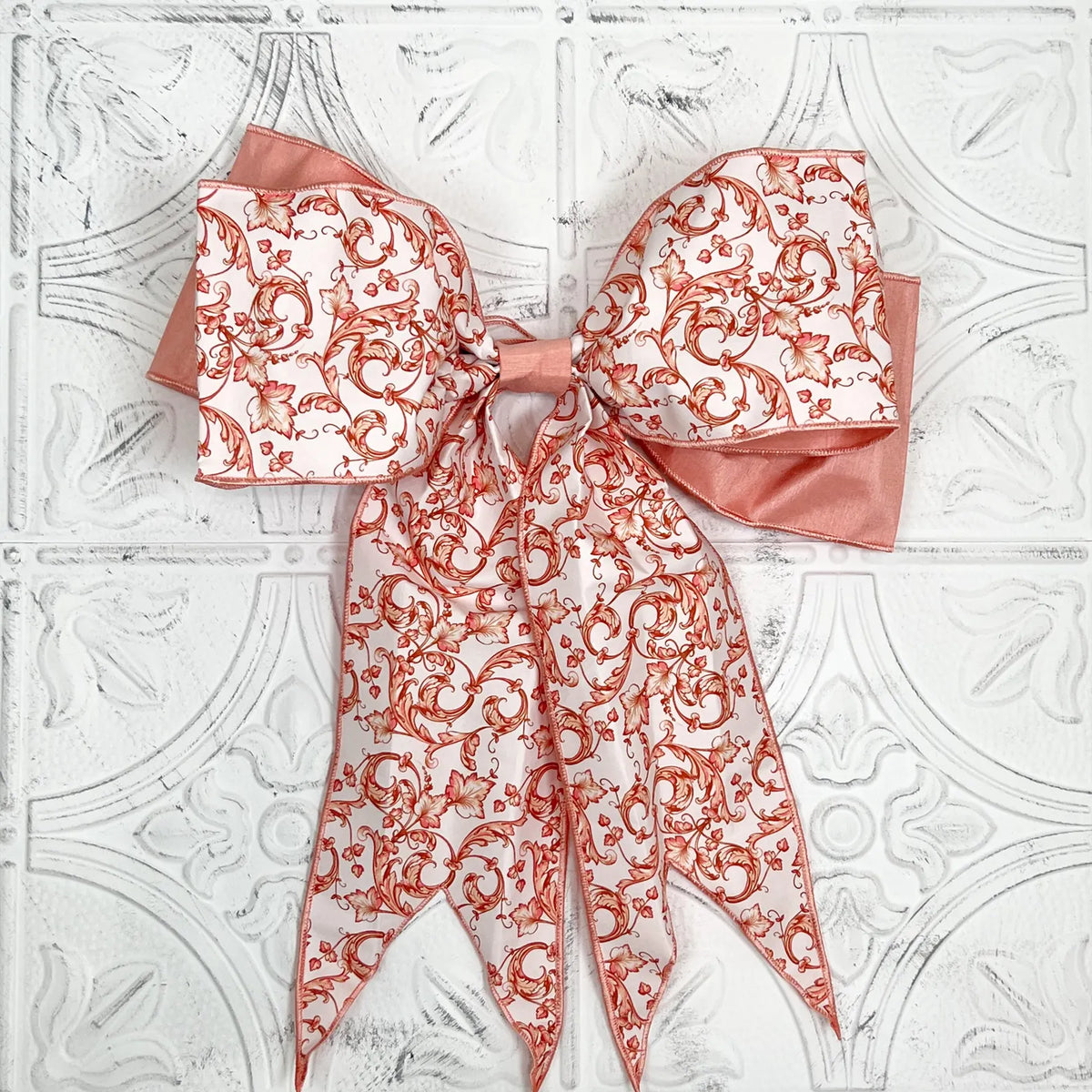 XL Taffeta Chinoiserie Bow: Coral Acanthus Scroll, D. Stevens Fabric Bow