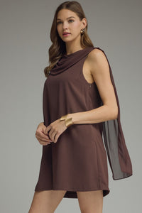 Solid sleeveless mini dress featuring draped cowl neckline with back scarf panel