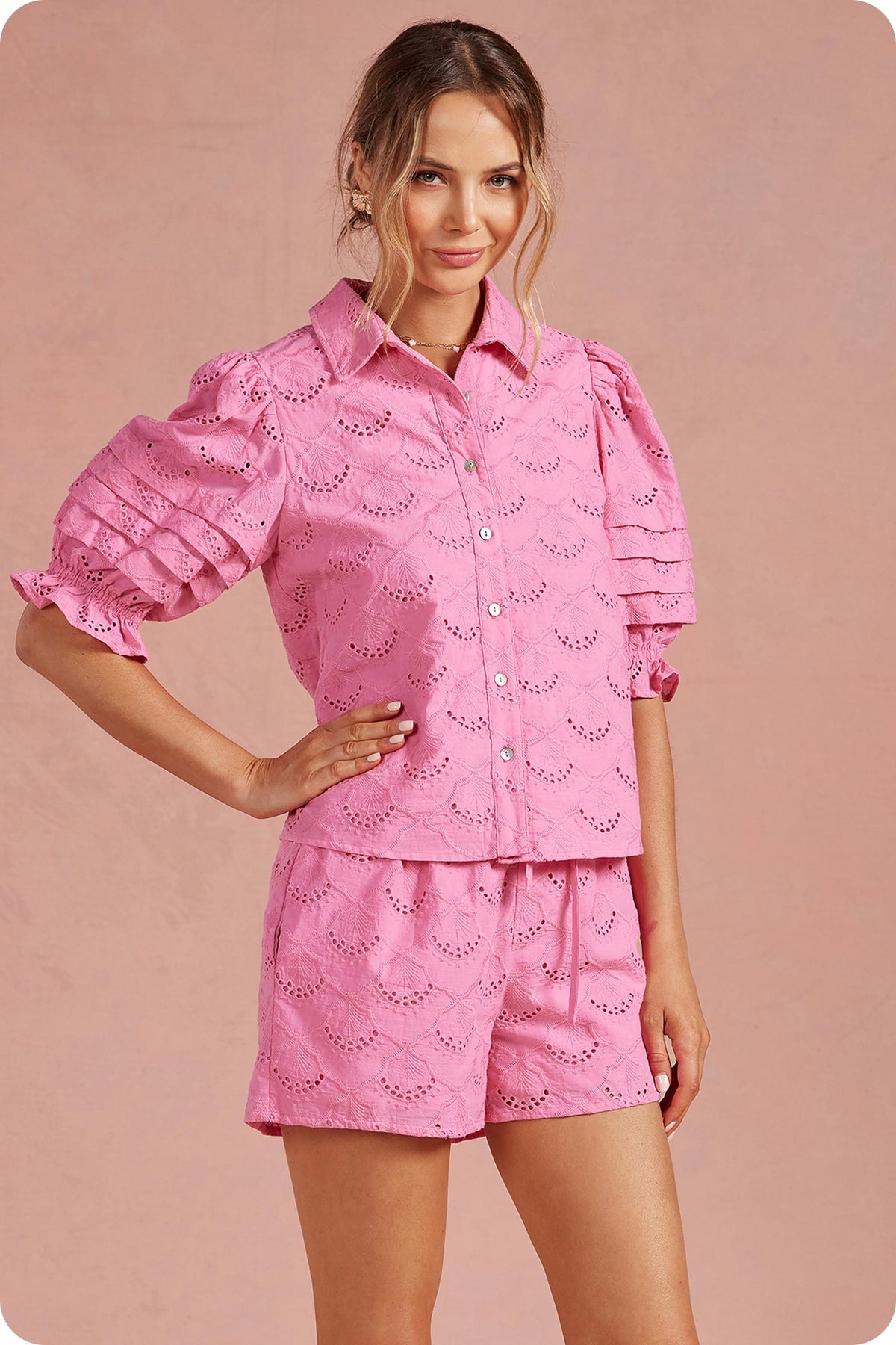 Pintuck Detail Eyelet Puff Sleeve Shirt Top