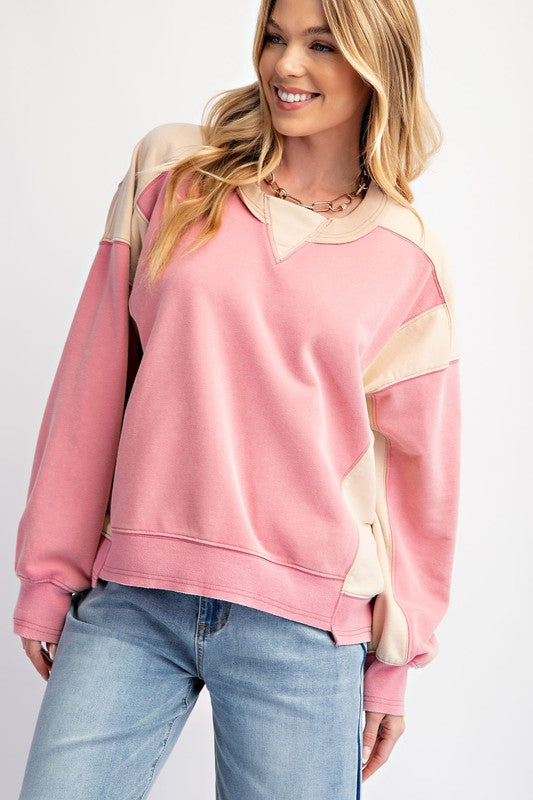 COLOR BLOCK WASHED TERRY PULLOVER