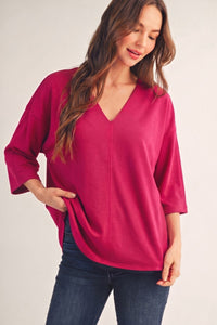 Drop shoulder 3/4 sleeves solid v neck top