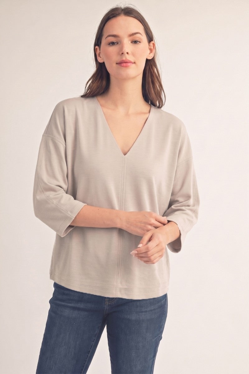 Drop shoulder 3/4 sleeves solid v neck top