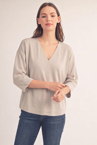 Drop shoulder 3/4 sleeves solid v neck top