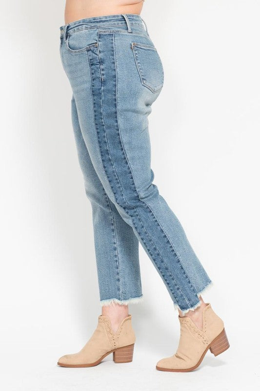 Judy Blue Plus Vintage Wash Side Panel Detail with Fray Hem Slim