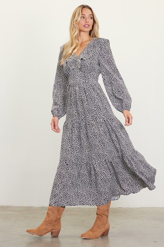 LONG SLEEVE PRINTED V NECK RUFFLED MAXI DRESS