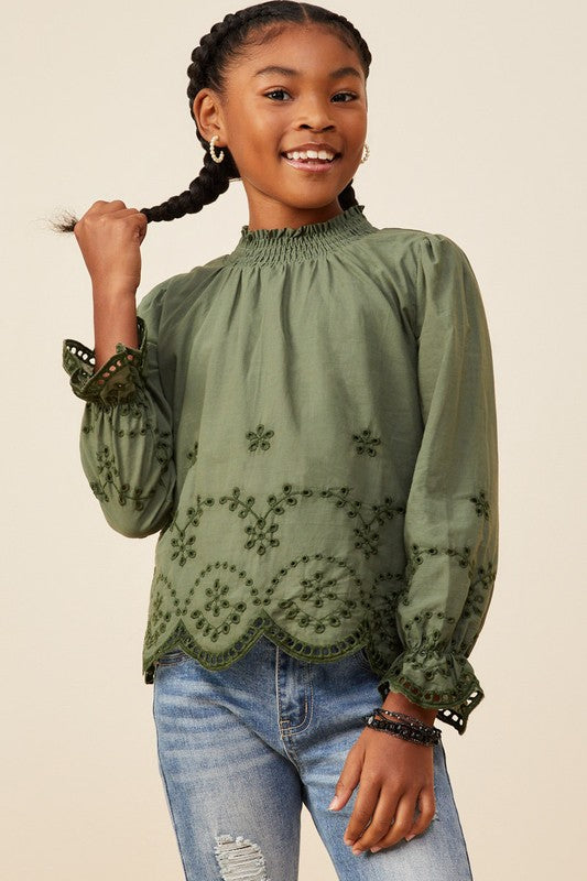 Girls Scallop Hem Eyelet Embroidered Top Olive