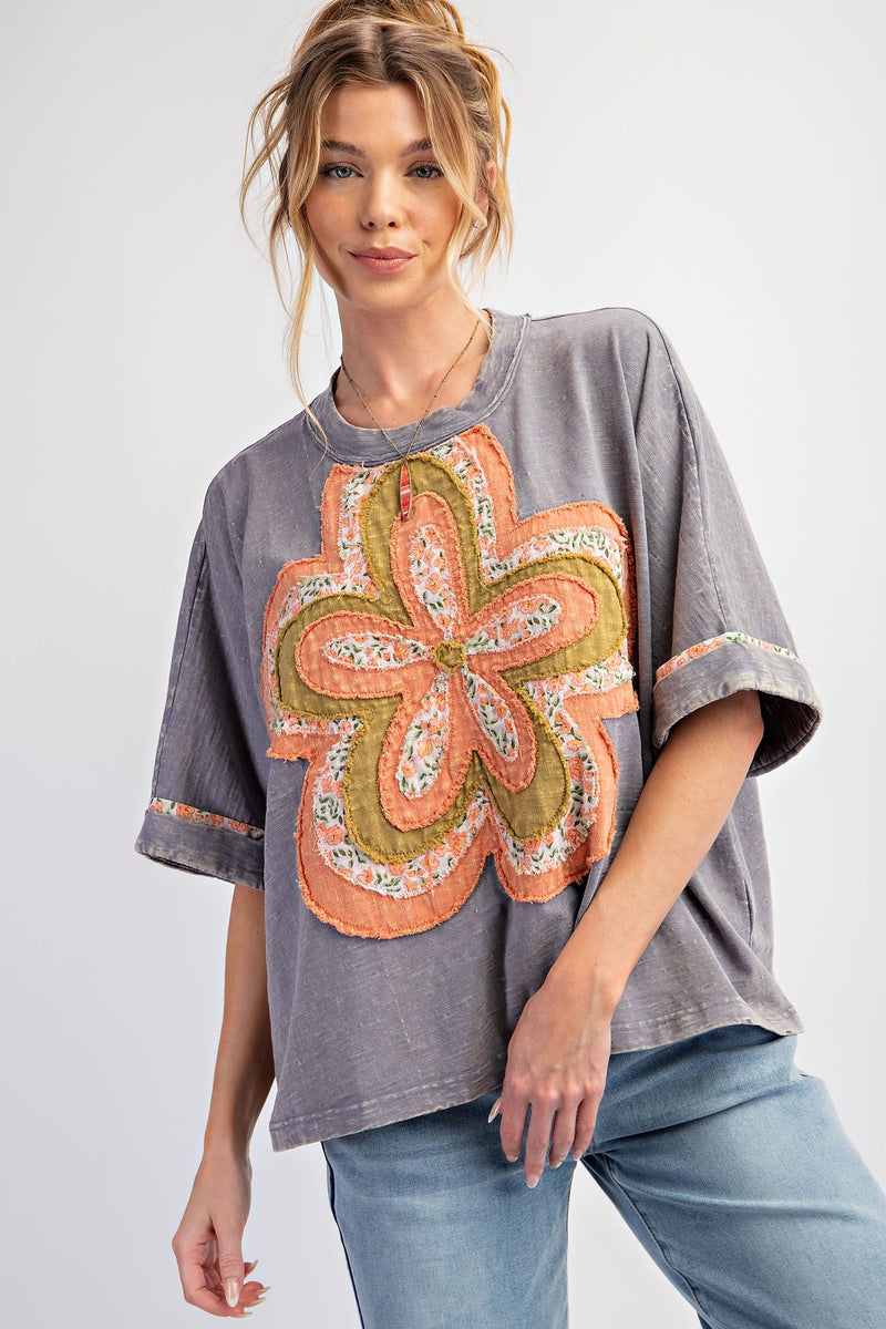 FLOWER PATCH WASHED COTTON SLUB TOP