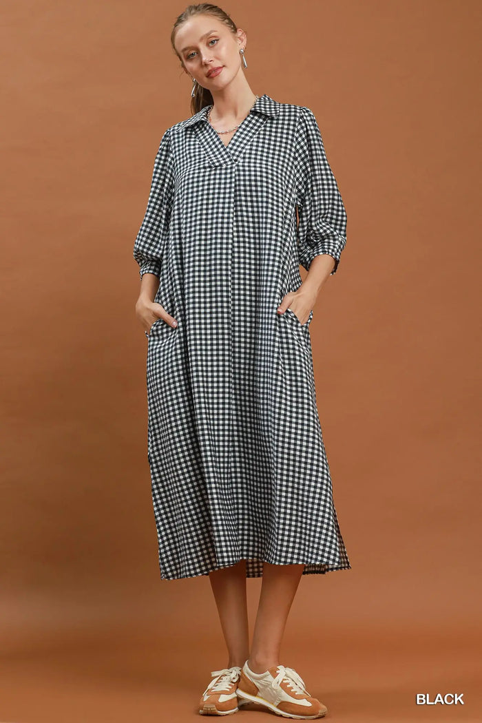 Gingham Check Collared Midi Dress