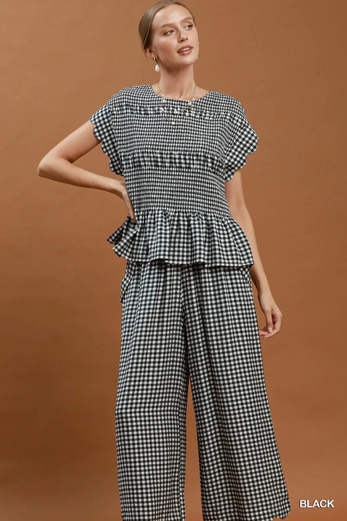 Gingham Smocked Ruffle Hem Short Sleeve Top