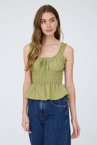 Ruffled Front Tie Shirred Waist Tank Top