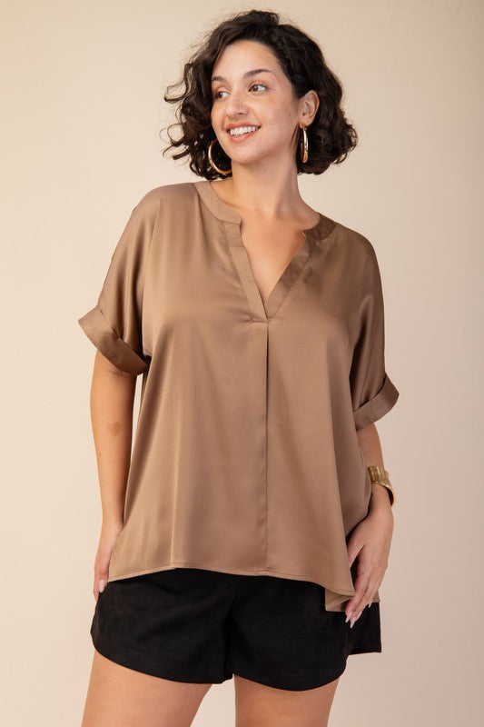 Plus V-Neck Satin Top