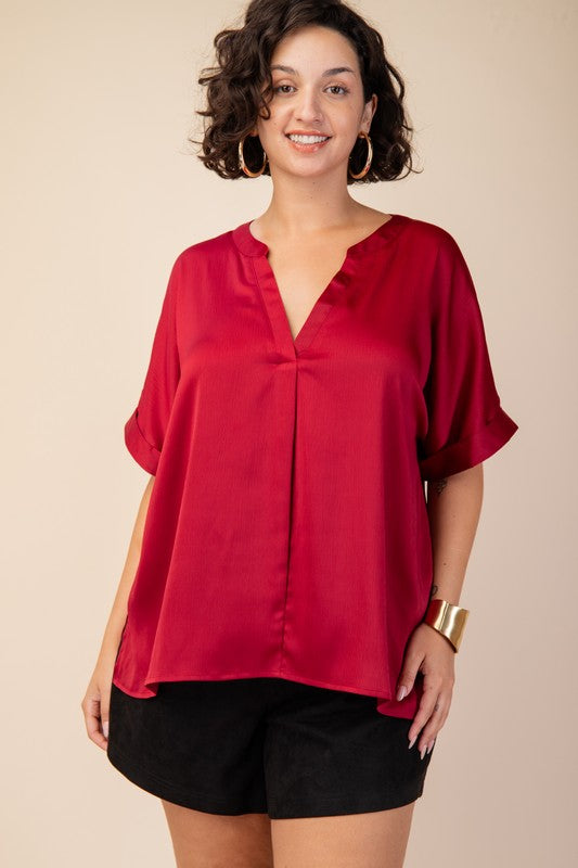 Plus V-Neck Satin Top