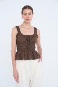 Ruffled Front Tie Shirred Waist Tank Top