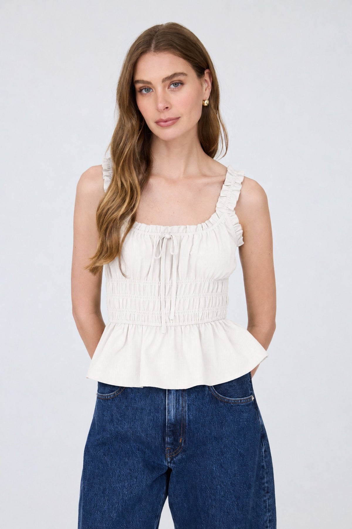 Ruffled Front Tie Shirred Waist Tank Top