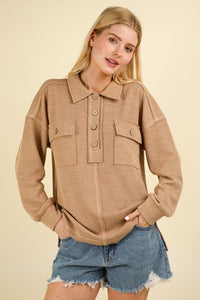 Collared Button Down Henley Knit Top W/ Pockets