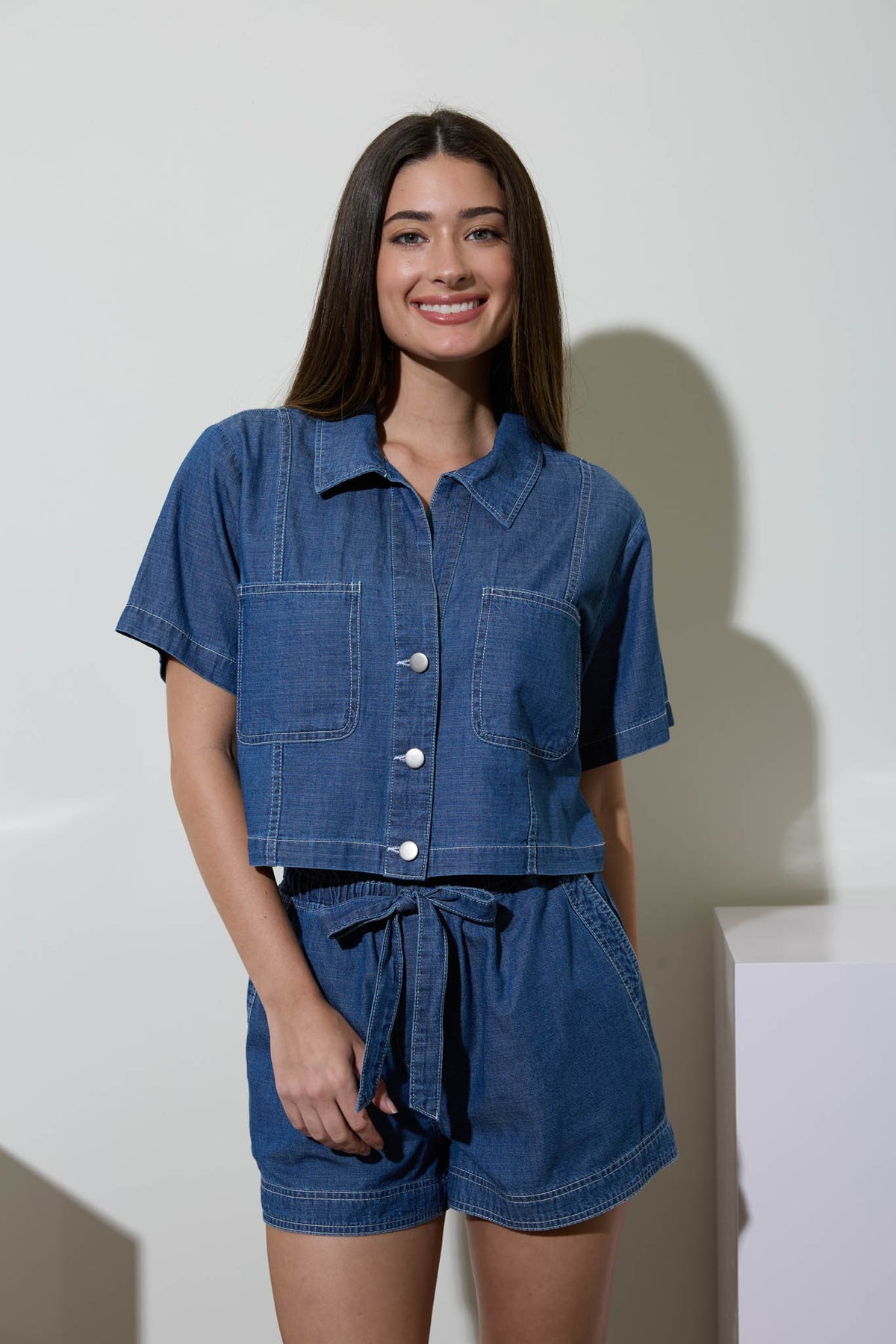 Collared Button Down Short Sleeve Boxy Denim Top