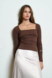 Square Neck Long Sleeve Ruched Sides Knit Top