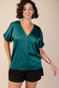 V-Neck Short Sleeve Satin Top