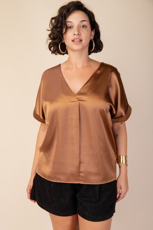 V-Neck Short Sleeve Satin Top