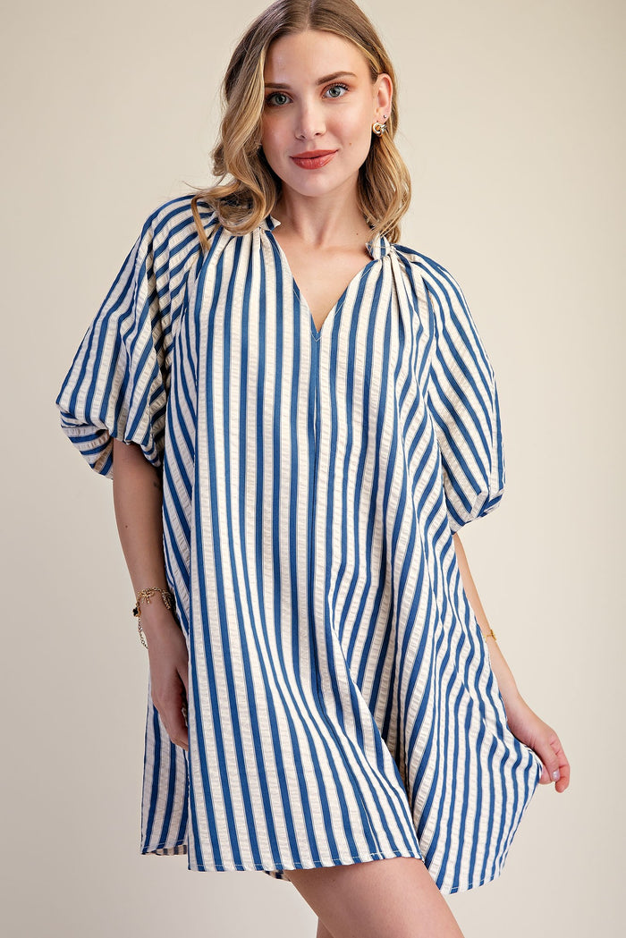 Puff-sleeve Shift Stripe Mini Dress
