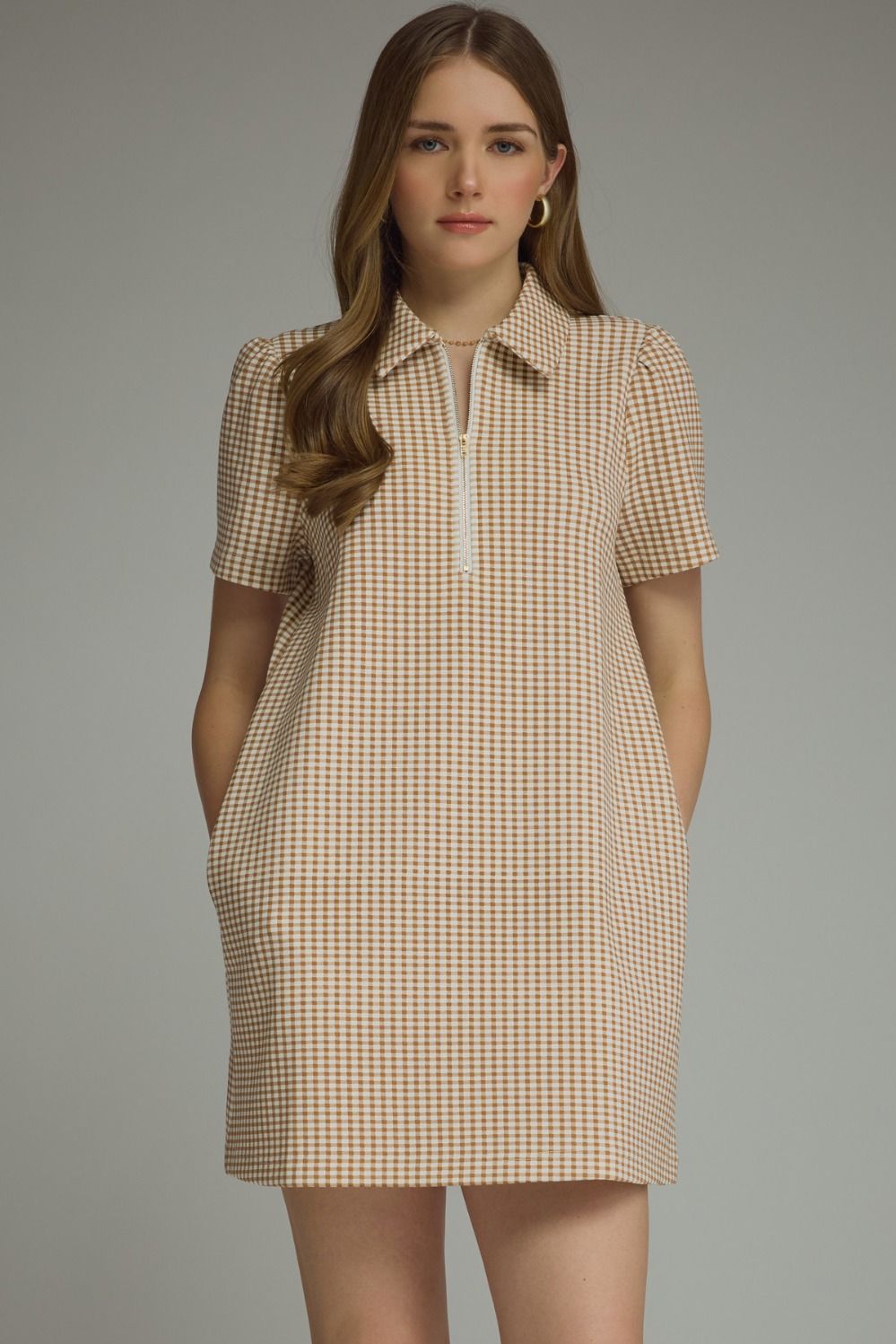 Gingham print short puff sleeve mini dress