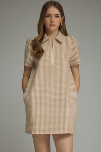Gingham print short puff sleeve mini dress