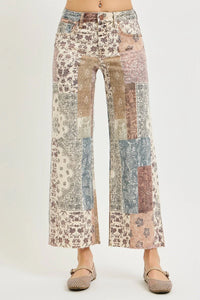 Risen Floral Paisley Patchwork Print Wide Leg Cropped Jeans