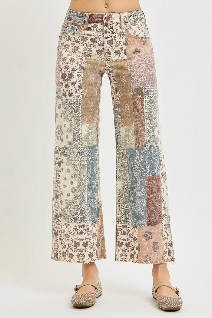 Risen Floral Paisley Patchwork Print Wide Leg Cropped Jeans