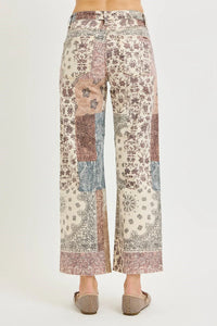 Risen Floral Paisley Patchwork Print Wide Leg Cropped Jeans